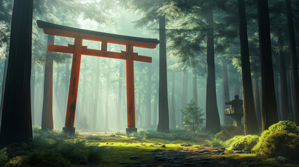 Fototapeta premium Majestic torii gate standing in serene forest 