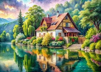 Watercolor Lakeside House: Charming European Village Scene