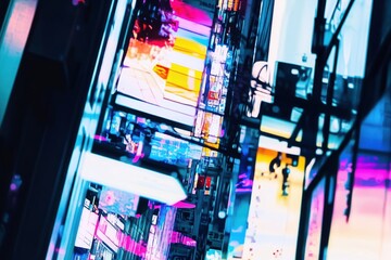 Glitch noise effect on an old CRT screen with pixel distortion. No signal interference creates a colorful static overlay. A VHS glitch background with transmission errors and video damage.