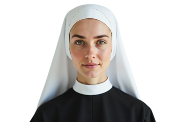 Serene smiling nun portrait with green eyes. Young woman in veil & habit. Represents faith, peace, purity. Isolated on transparent background for design. Studio shot.