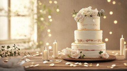 Elegant wedding cake decorated with flowers and candles in soft light  