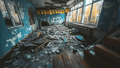 Abandoned room with debris and peeling paint, featuring yellow banners and autumn trees outside