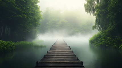 A serene wooden bridge disappearing into a misty forest lake