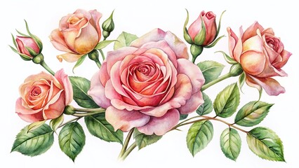 Naklejka premium Watercolor Rose Flowers Set: Beautiful Botanical Illustration, Isolated White Background