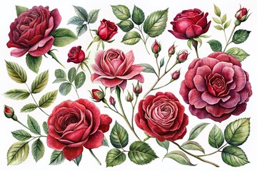 Watercolor Roses Garden Collection: Red & Burgundy Botanical Illustrations Isolated