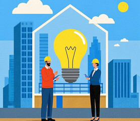 PNG office in real estate, property or architecture innovation. Man, woman engineering or person or idea at construction site