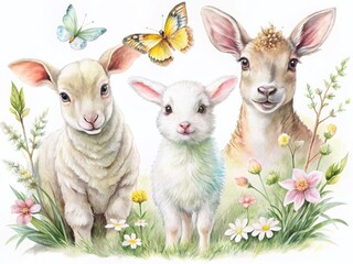 Fototapeta premium Watercolor Spring Countryside Animals: Lamb, Rabbit, Chick, Butterfly, Bird Portraits