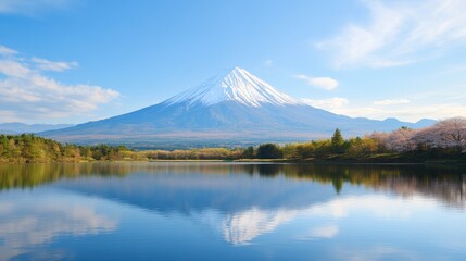Fototapeta premium Serene mountain lake with cherry blossoms