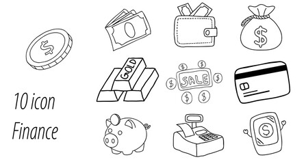 A collection of hand-drawn money-related icons, including cash, coins, wallets, and a sale sign, highlighting themes of finance and commerce.