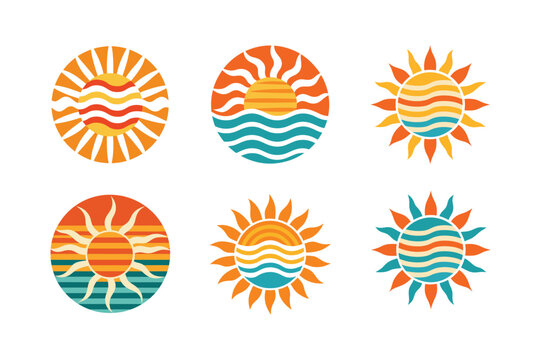 Six colorful sunset and ocean graphic icons for summer design