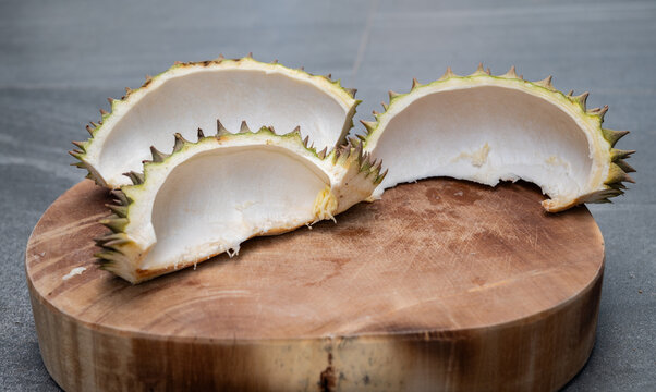 An empty Durian shell after removing durians pulp. Durian shell waste has been recycled into food products, fertilizer, and biopesticide.