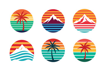 Retro Sunset Beach Icons Set