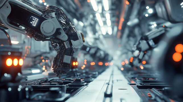 An assembly line with robotic equipment, precision assembling components, clean metal textures and LED indicators