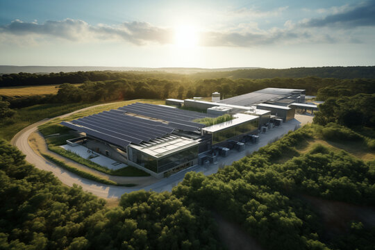 Large aerial view of a factory building, data center powered by solar energy.
