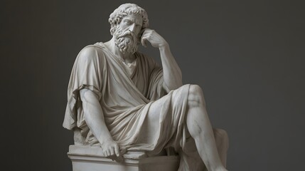 Marble Statue of a Stoic Philosopher in Classical Roman or Greek Robes, Expressing Wisdom and Contemplation. A Realistic Sculpture Featuring Detailed Facial Features, Symbolizing Ancient Philosophy .