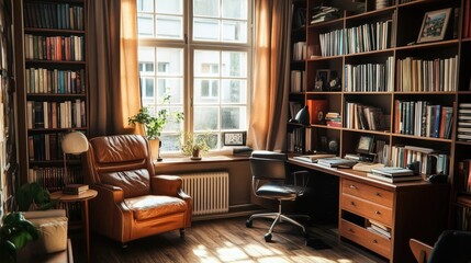 A workspace surrounded by bookshelves for a scholarly feel