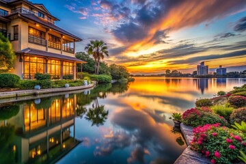 Obraz premium Waterfront Dusk: Lakeside Building Exterior with Garden, Skyline & Lake Views
