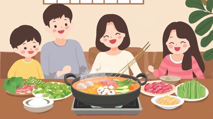 A family enjoying a hot pot meal together at the dinner table with colorful ingredients."