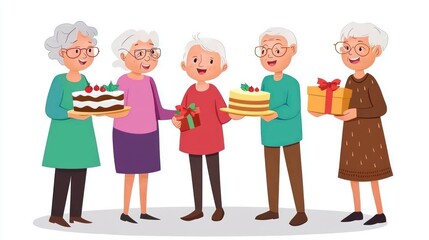 A group of elderly family members celebrating a special occasion with cake and gifts.