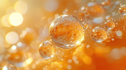 Golden droplets float in a blurred, bright amber liquid