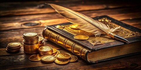 Wealth of Nations Book, Antique Quill Pen, and  Gold Coins on Wooden Desk