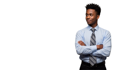 Business Concept Confident thoughtful young African American pointing finger on side over transparent background


