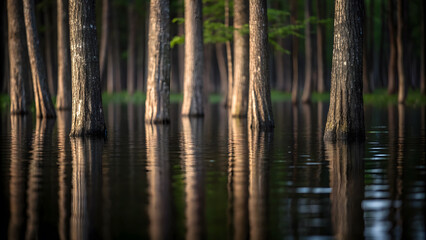Climate change Tranquil flooded forest with tree trunks reflected in still water