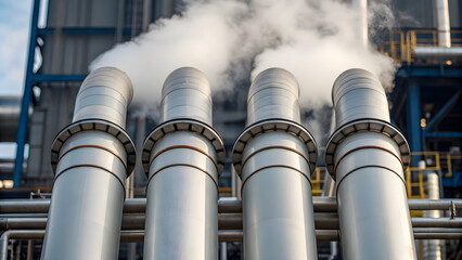 Climate change Close up of industrial pipes emitting steam at carbon capture facility