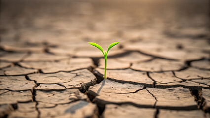 Climate change single green sprout emerges from cracked desert soil, symbolizing resilience