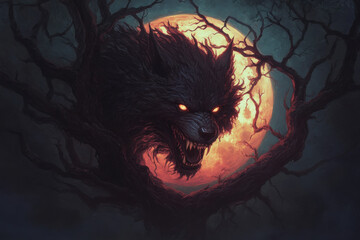 A scary looking wolf with glowing eyes is surrounded by branches and a full moon