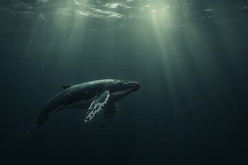 Whale swimming deep ocean sunlight