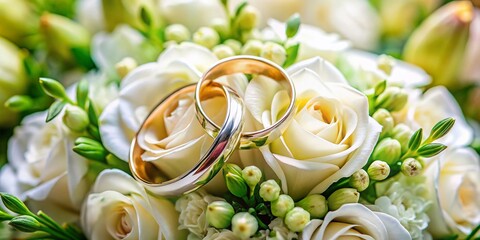 Wedding Rings on Delicate White Bridal Bouquet - Elegant Stock Photo