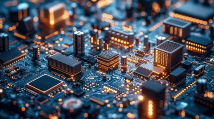 Obraz premium Illuminated circuit board with complex components and glowing pathways