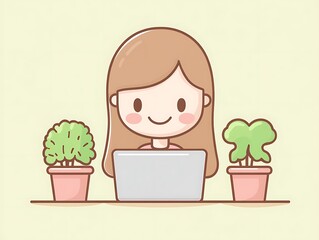 Woman working laptop plants desk
