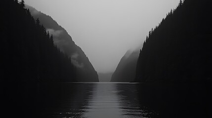 Misty fjord, dark water, mountains.