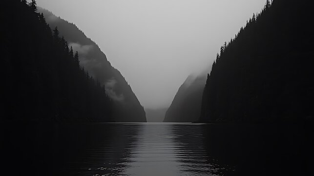 Misty fjord, dark water, mountains. - Powered by Adobe