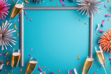 Festive celebration frame with champagne glasses, colorful confetti, and decorative elements on vibrant blue background. Perfect for party invitations or holiday greetings