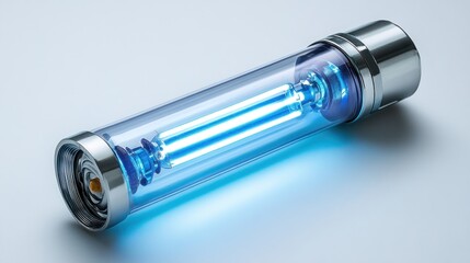 Futuristic energy cell glowing blue in sterile studio