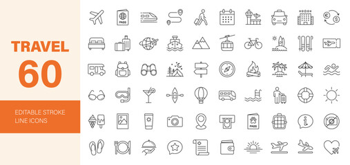 Travel icon set. Holiday related line icons: tourism, Summer vacation, airplane, trip, beach, passport, luggage, camping, hotel and more. Editable stroke. Vector illustration.