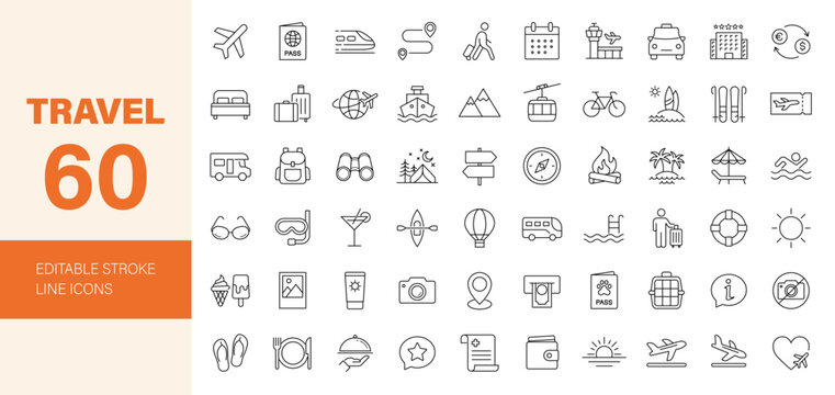 Travel icon set. Holiday related line icons: tourism, Summer vacation, airplane, trip, beach, passport, luggage, camping, hotel and more. Editable stroke. Vector illustration.