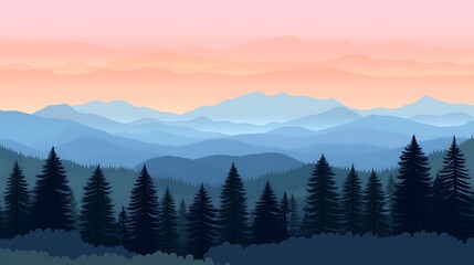 Obraz premium Serene sunset over layered mountains and evergreen forest.