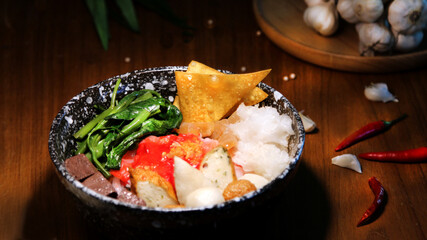 famous noodle food concept Delicious Yen Ta Fo noodles with vibrant toppings and fresh ingredients