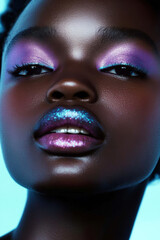 Close-up beauty portrait featuring a fashion model with vibrant, colorful makeup, showcasing bold purple eyeshadow and glossy lips, elegantly posed under soft blue lighting