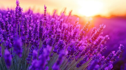 Naklejka premium Lavender flowers in a field glow with a warm, colorful sunset in the distance