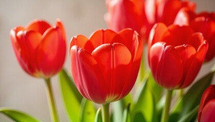 Fototapeta premium Vibrant red tulips in soft light, symbol of victory and remembrance