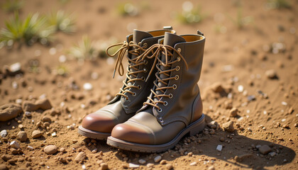 Old military boots on dusty battlefield, nostalgic history