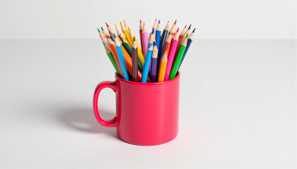 Colorful pencils in pink cup on white table, creative inspiration