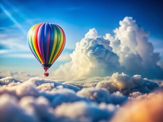 Obraz premium Whimsical Papercraft Hot Air Balloon Rainbow Clouds Tilt-Shift Miniature