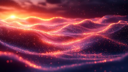 Abstract fiery sunset digital waves, dramatic sky