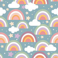 Seamless pattern with rainbows, clouds and stars